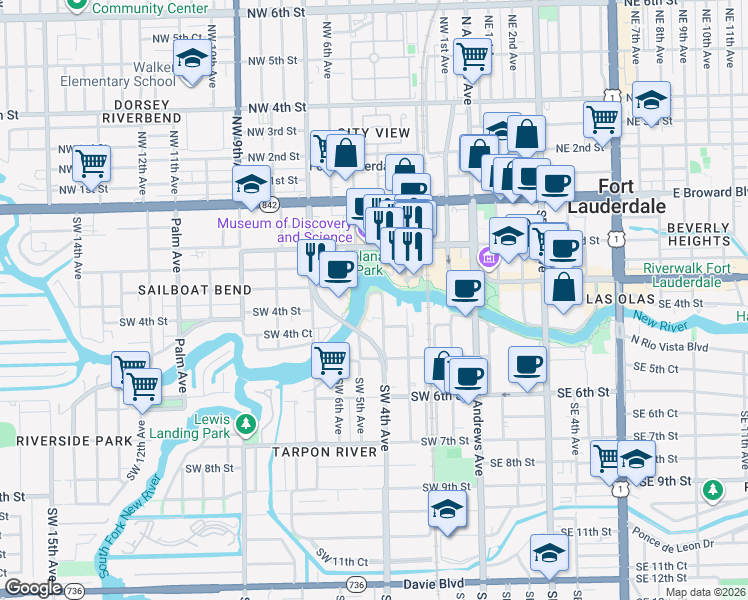 map of restaurants, bars, coffee shops, grocery stores, and more near 12 Southwest 5th Avenue in Fort Lauderdale