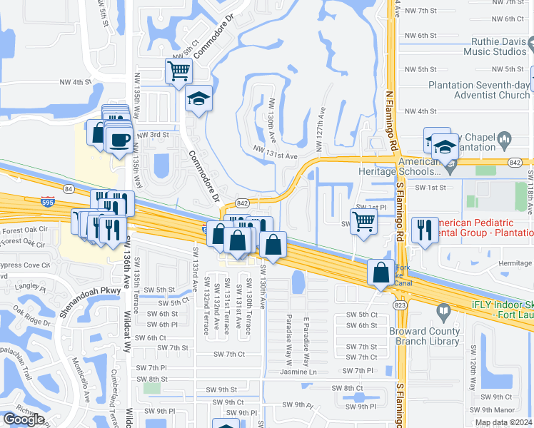 map of restaurants, bars, coffee shops, grocery stores, and more near 129 Riverwalk Circle East in Plantation