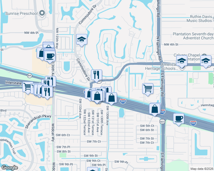 map of restaurants, bars, coffee shops, grocery stores, and more near 129 Riverwalk Circle East in Plantation