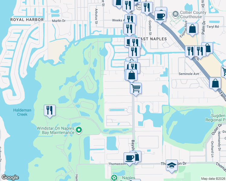 map of restaurants, bars, coffee shops, grocery stores, and more near 2553 Van Buren Avenue in Naples