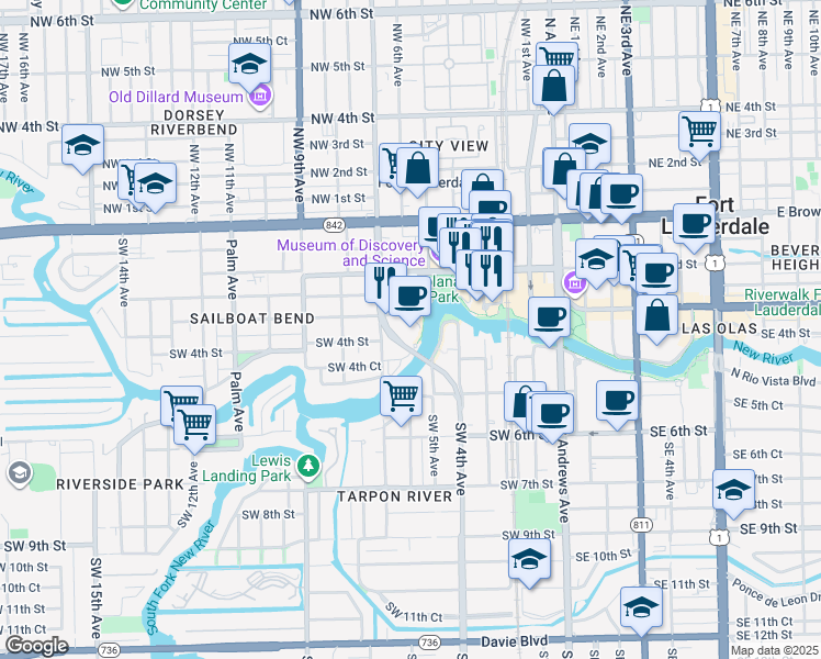 map of restaurants, bars, coffee shops, grocery stores, and more near 600 West Las Olas Boulevard in Fort Lauderdale