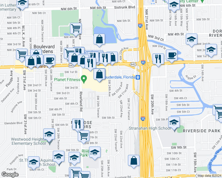 map of restaurants, bars, coffee shops, grocery stores, and more near 200 Southwest 24th Avenue in Fort Lauderdale