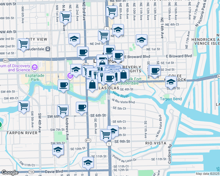map of restaurants, bars, coffee shops, grocery stores, and more near 499 South Federal Highway in Fort Lauderdale