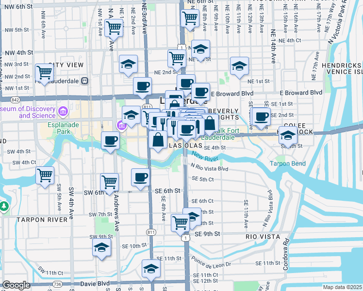 map of restaurants, bars, coffee shops, grocery stores, and more near 335 Southeast 6th Avenue in Fort Lauderdale