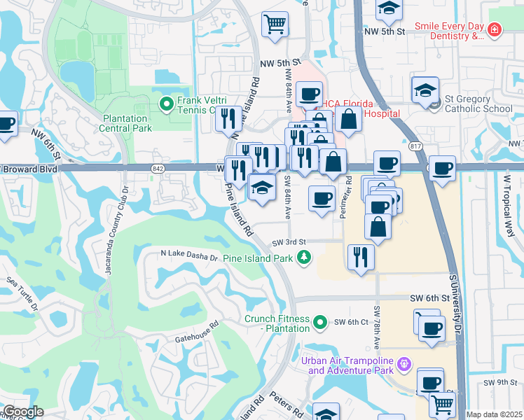 map of restaurants, bars, coffee shops, grocery stores, and more near 150 South Pine Island Road in Plantation