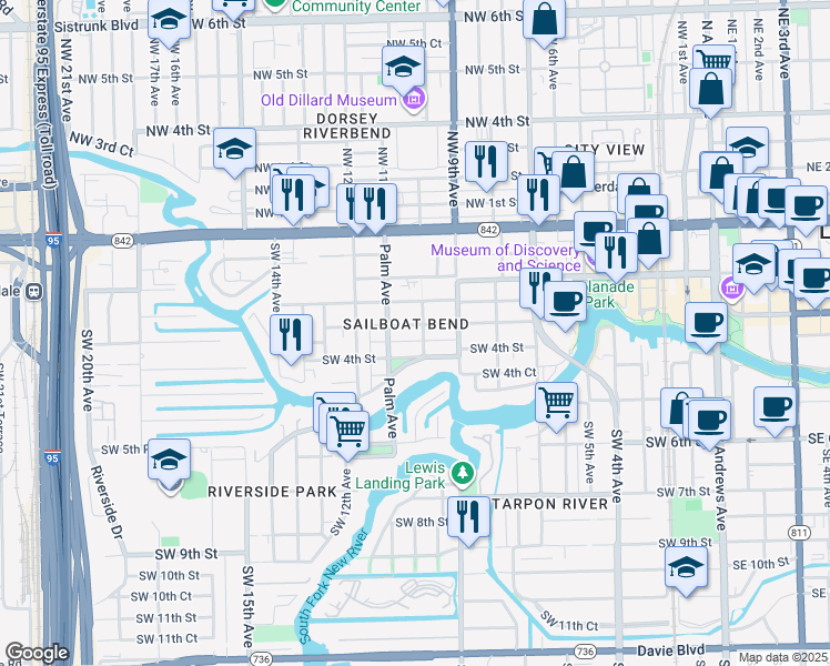 map of restaurants, bars, coffee shops, grocery stores, and more near 1017 Southwest 4th Street in Fort Lauderdale