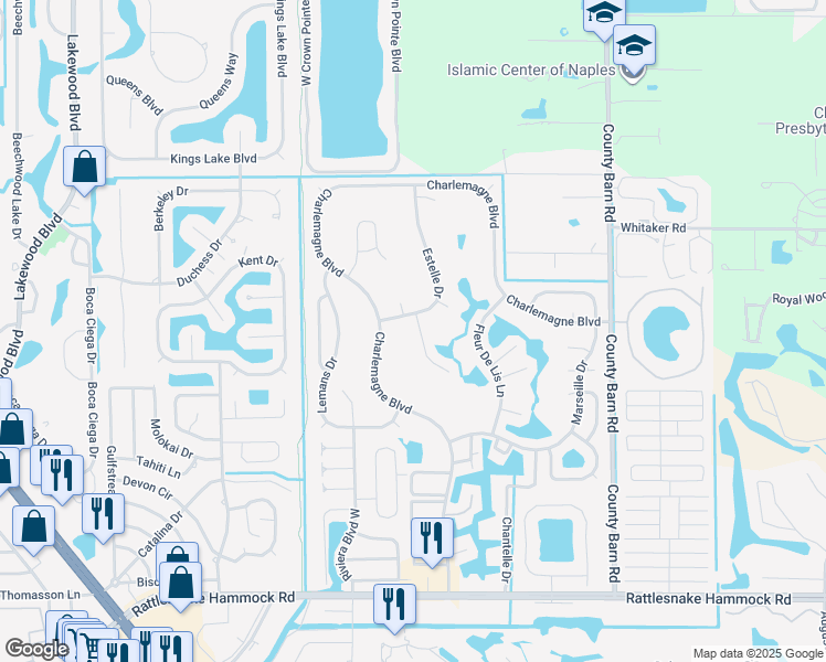 map of restaurants, bars, coffee shops, grocery stores, and more near 109 Calais Court in Naples