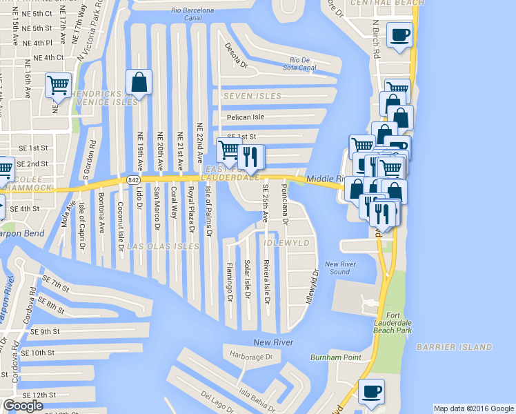 map of restaurants, bars, coffee shops, grocery stores, and more near 363 Sunset Drive in Fort Lauderdale