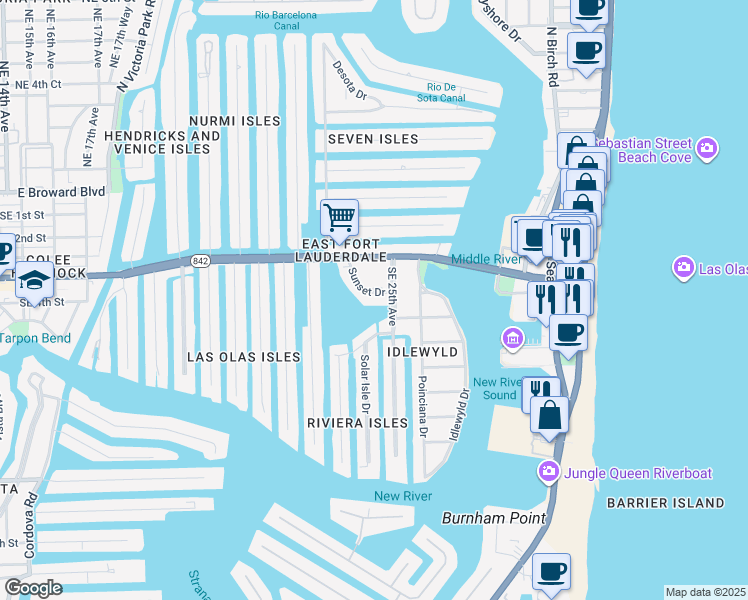 map of restaurants, bars, coffee shops, grocery stores, and more near 363 Sunset Drive in Fort Lauderdale
