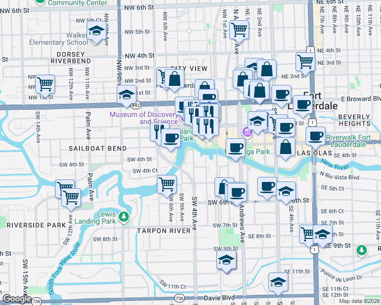 map of restaurants, bars, coffee shops, grocery stores, and more near 12 Southwest 5th Avenue in Fort Lauderdale