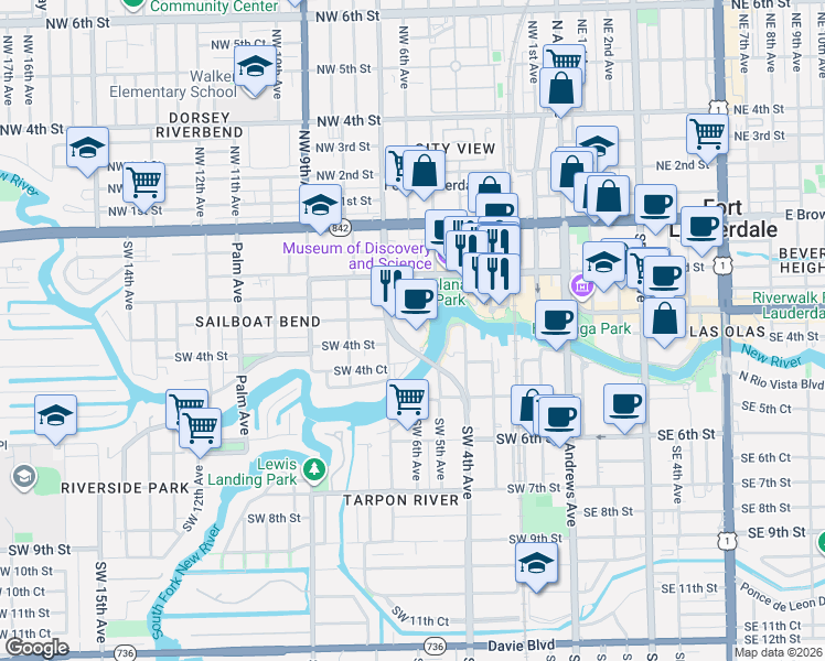 map of restaurants, bars, coffee shops, grocery stores, and more near 600 West Las Olas Boulevard in Fort Lauderdale