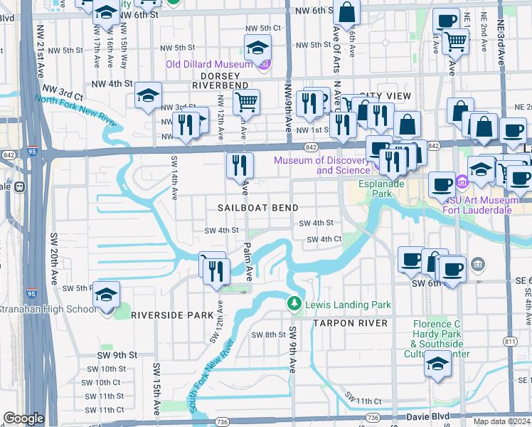 map of restaurants, bars, coffee shops, grocery stores, and more near 1017 Southwest 4th Street in Fort Lauderdale