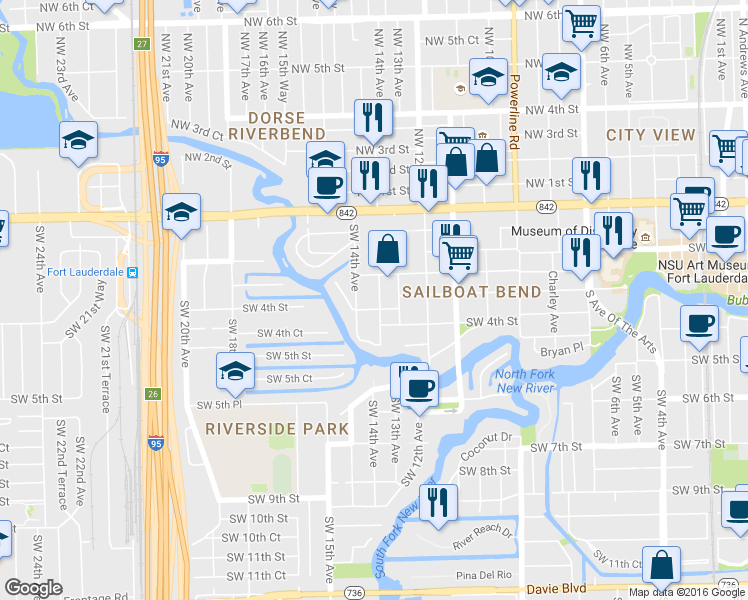 map of restaurants, bars, coffee shops, grocery stores, and more near 1348 Southwest 3rd Court in Fort Lauderdale