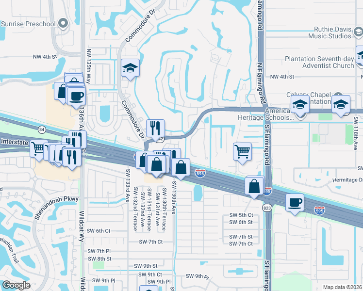 map of restaurants, bars, coffee shops, grocery stores, and more near 129 Riverwalk Circle East in Plantation