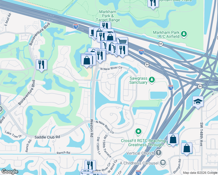 map of restaurants, bars, coffee shops, grocery stores, and more near 241 Southwest 159th Avenue in Sunrise