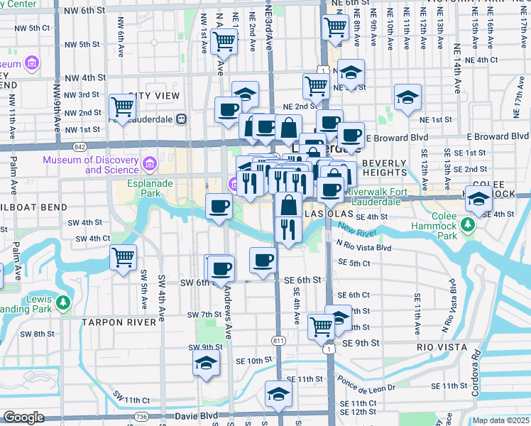 map of restaurants, bars, coffee shops, grocery stores, and more near 200 East Las Olas Boulevard in Fort Lauderdale