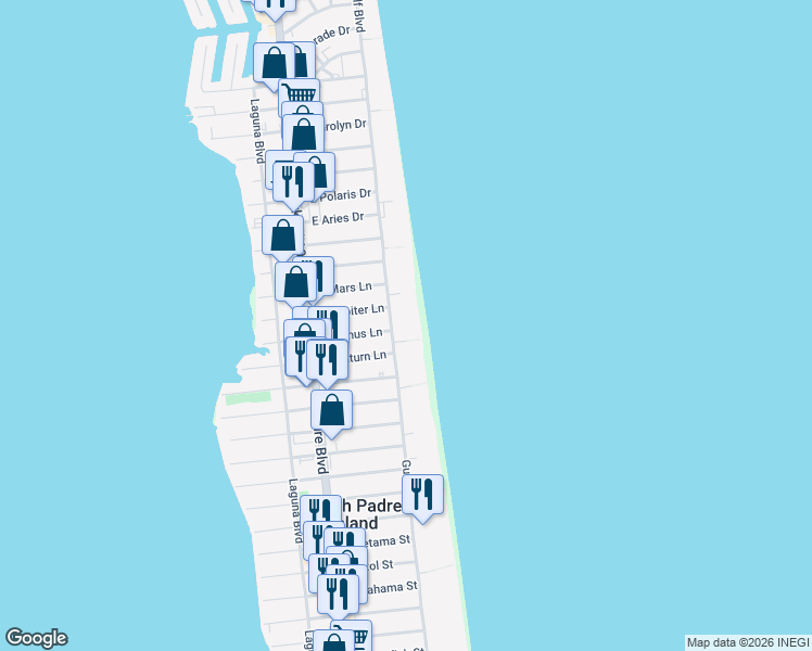 map of restaurants, bars, coffee shops, grocery stores, and more near 4400 Gulf Boulevard in South Padre Island