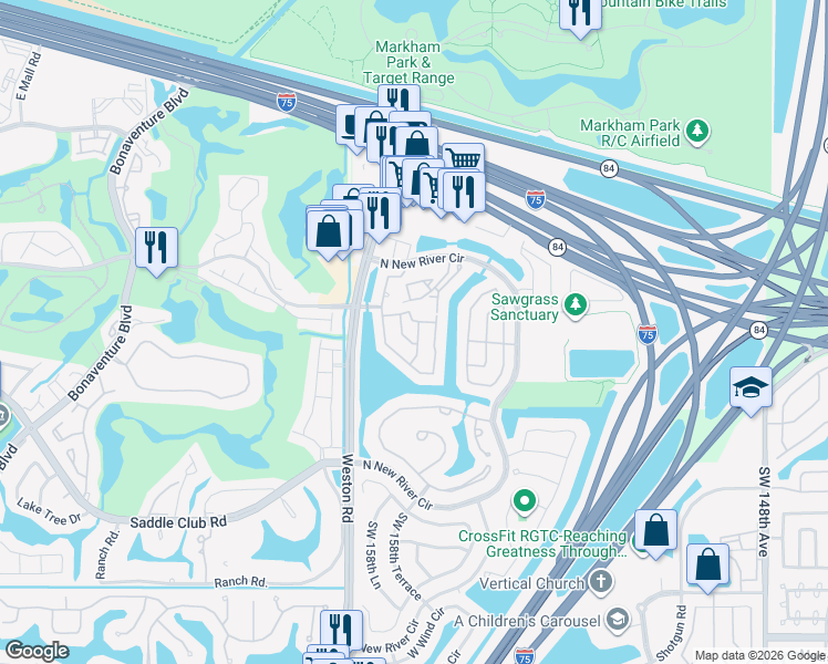 map of restaurants, bars, coffee shops, grocery stores, and more near 241 Southwest 159th Avenue in Sunrise