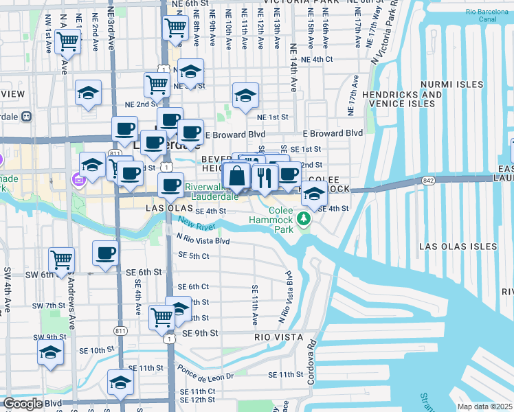 map of restaurants, bars, coffee shops, grocery stores, and more near 1110 Southeast 4th Street in Fort Lauderdale