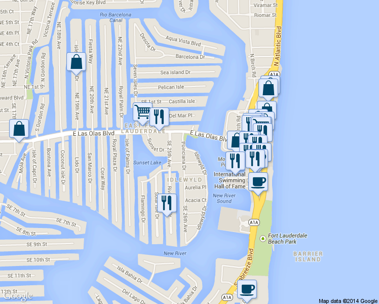 map of restaurants, bars, coffee shops, grocery stores, and more near 349 Idlewyld Drive in Fort Lauderdale