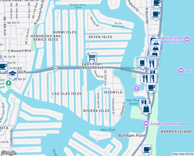 map of restaurants, bars, coffee shops, grocery stores, and more near 363 Sunset Drive in Fort Lauderdale