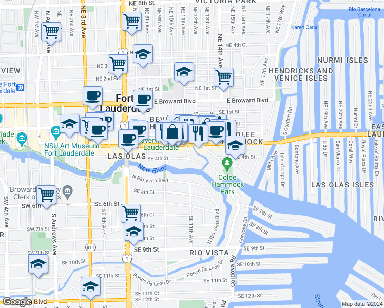 map of restaurants, bars, coffee shops, grocery stores, and more near 1110 Southeast 4th Street in Fort Lauderdale