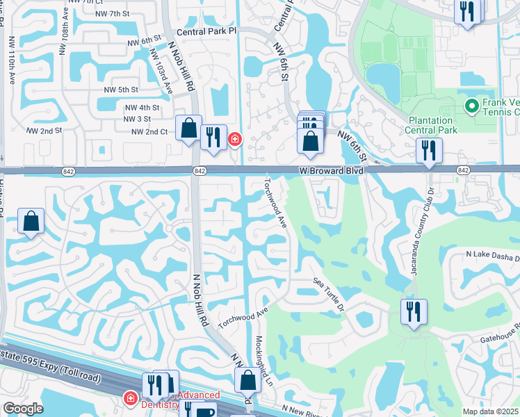 map of restaurants, bars, coffee shops, grocery stores, and more near 9851 Southwest 2nd Street in Plantation