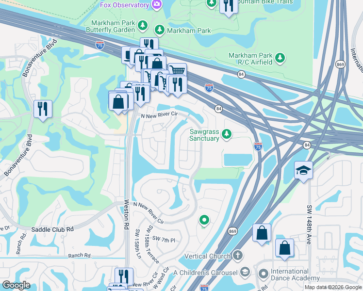 map of restaurants, bars, coffee shops, grocery stores, and more near 309 West Riverbend Drive in Sunrise