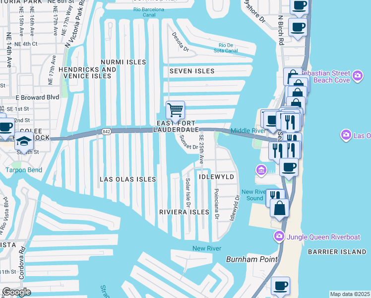 map of restaurants, bars, coffee shops, grocery stores, and more near 363 Sunset Drive in Fort Lauderdale