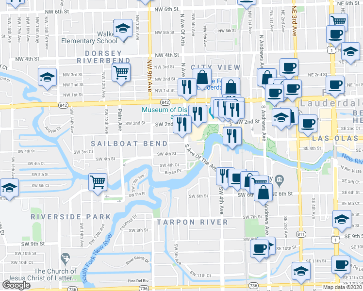 map of restaurants, bars, coffee shops, grocery stores, and more near 723 Southwest 4th Street in Fort Lauderdale
