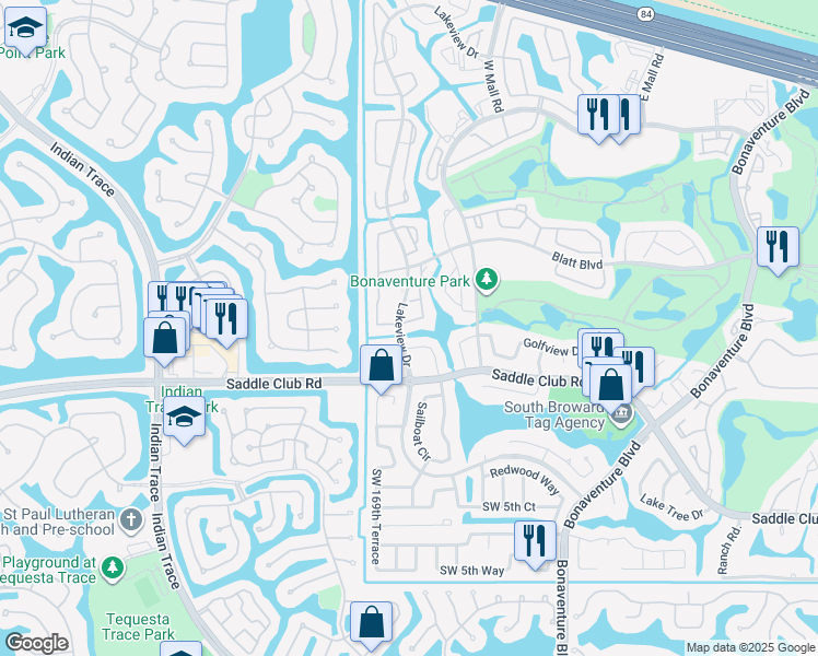 map of restaurants, bars, coffee shops, grocery stores, and more near 445 Lakeview Drive in Weston