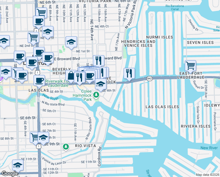 map of restaurants, bars, coffee shops, grocery stores, and more near 1604 Southeast 4th Street in Fort Lauderdale