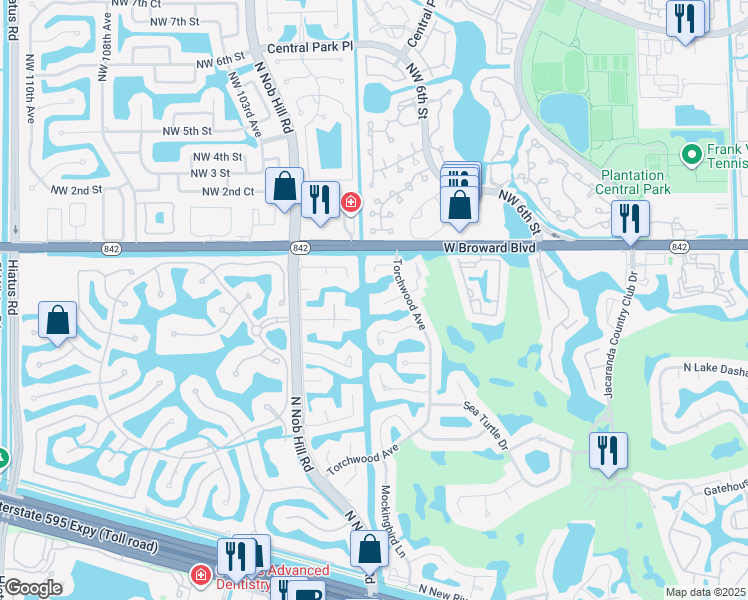 map of restaurants, bars, coffee shops, grocery stores, and more near 9851 Southwest 2nd Street in Plantation