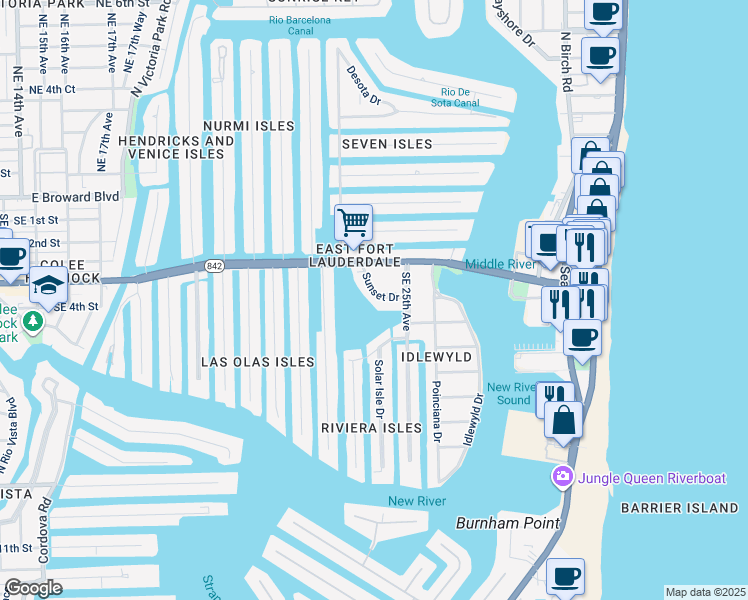 map of restaurants, bars, coffee shops, grocery stores, and more near 363 Sunset Drive in Fort Lauderdale