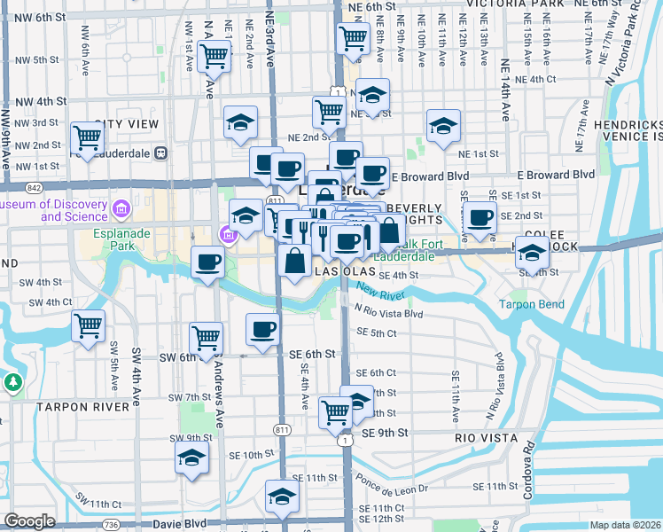 map of restaurants, bars, coffee shops, grocery stores, and more near 459-499 South Federal Highway in Fort Lauderdale