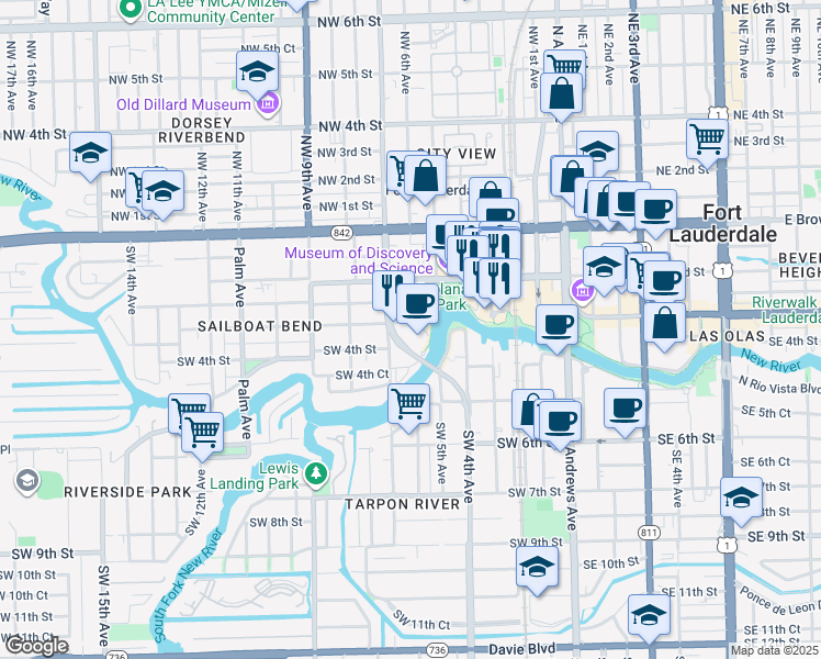 map of restaurants, bars, coffee shops, grocery stores, and more near 600 West Las Olas Boulevard in Fort Lauderdale