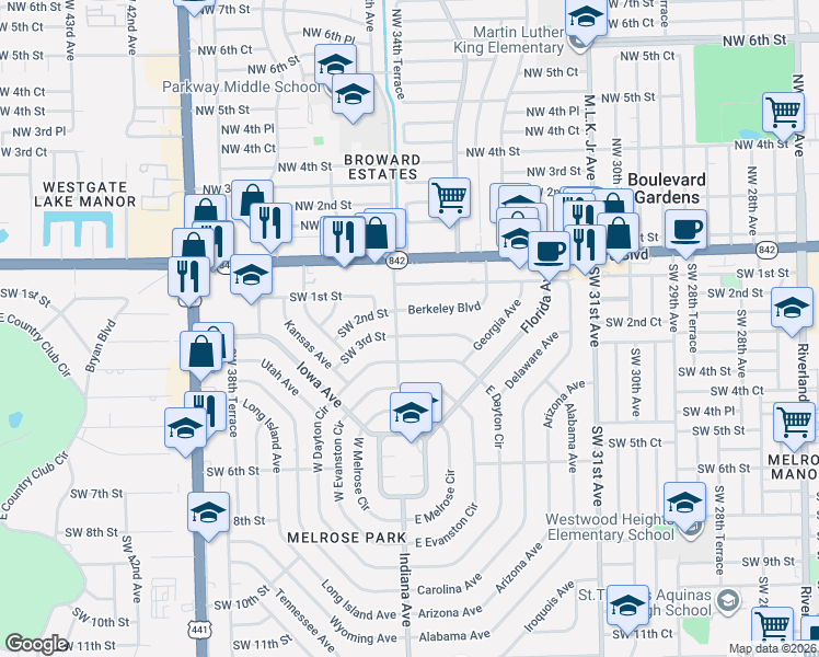map of restaurants, bars, coffee shops, grocery stores, and more near 3440 Charleston Boulevard in Fort Lauderdale