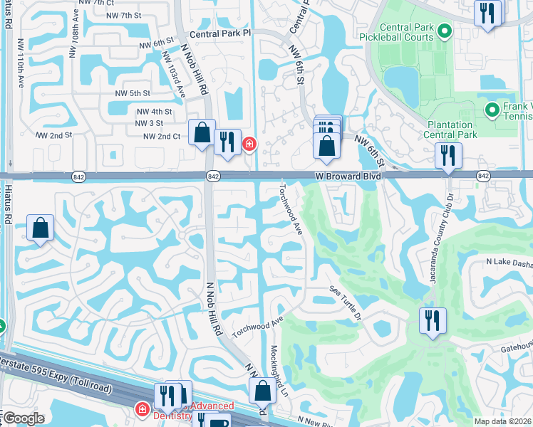 map of restaurants, bars, coffee shops, grocery stores, and more near 9851 Southwest 2nd Street in Plantation