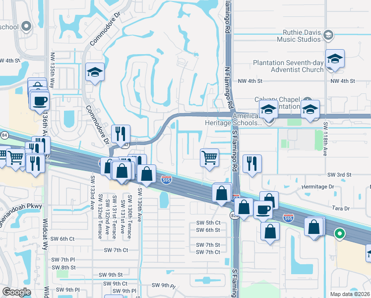 map of restaurants, bars, coffee shops, grocery stores, and more near 12601 Southwest 2nd Street in Plantation
