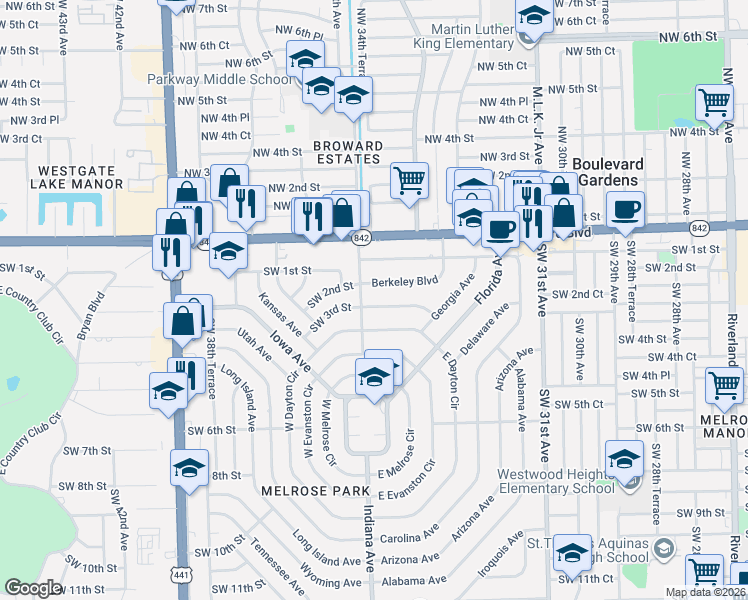 map of restaurants, bars, coffee shops, grocery stores, and more near 3440 Charleston Boulevard in Fort Lauderdale