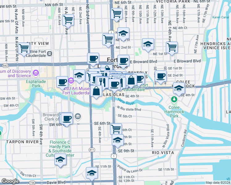 map of restaurants, bars, coffee shops, grocery stores, and more near 420 Federal Highway in Fort Lauderdale