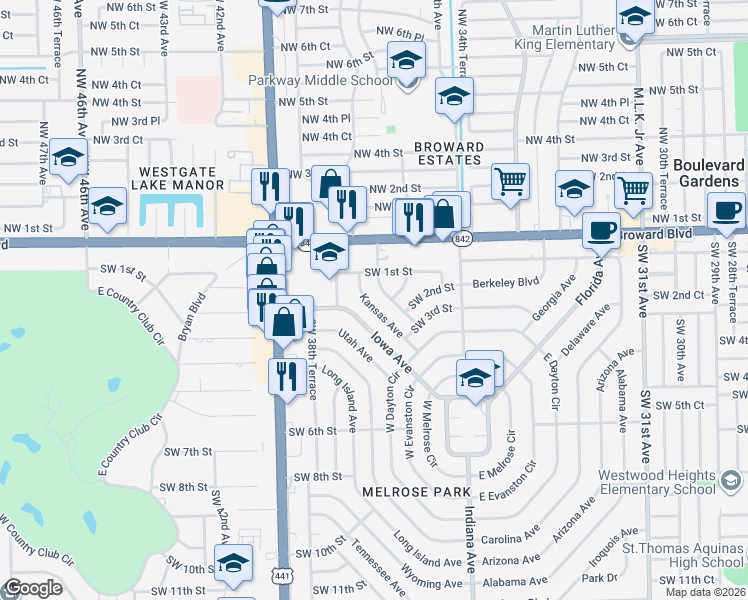 map of restaurants, bars, coffee shops, grocery stores, and more near 211 Kansas Avenue in Fort Lauderdale