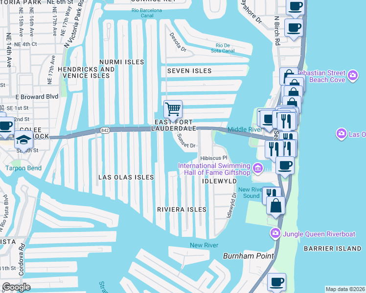 map of restaurants, bars, coffee shops, grocery stores, and more near 333 Sunset Drive in Fort Lauderdale