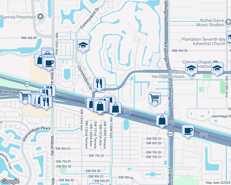map of restaurants, bars, coffee shops, grocery stores, and more near 129 Riverwalk Circle East in Plantation