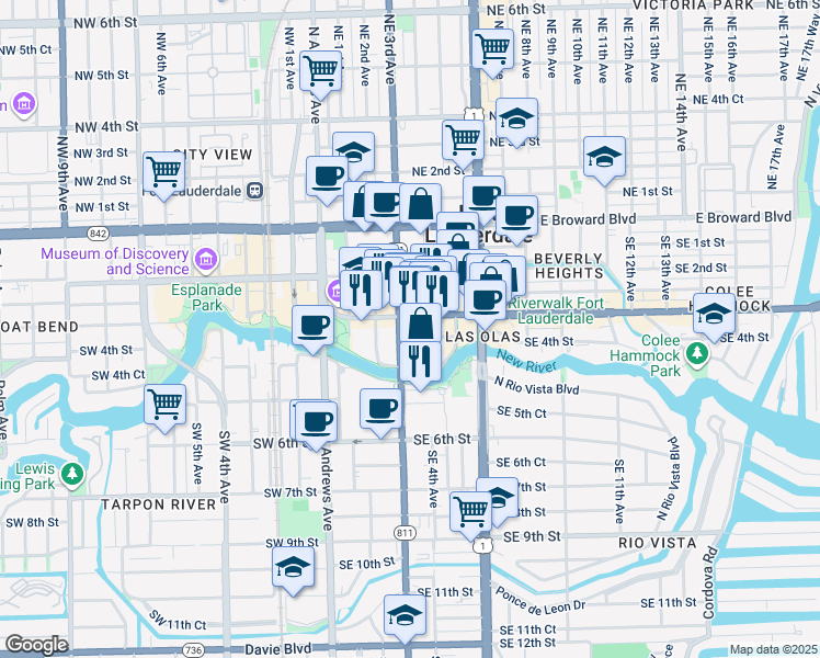 map of restaurants, bars, coffee shops, grocery stores, and more near 350 East Las Olas Boulevard in Fort Lauderdale