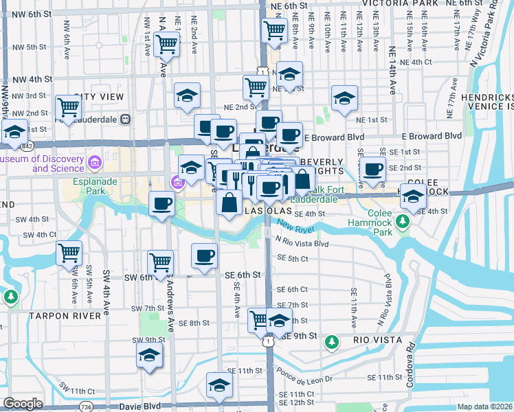 map of restaurants, bars, coffee shops, grocery stores, and more near 500 East Las Olas Boulevard in Fort Lauderdale