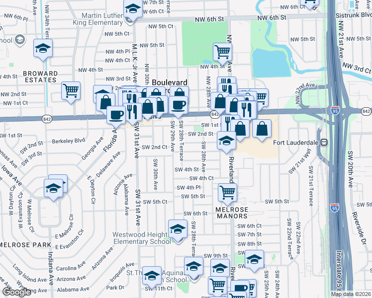 map of restaurants, bars, coffee shops, grocery stores, and more near 2841 Southwest 3rd Street in Fort Lauderdale