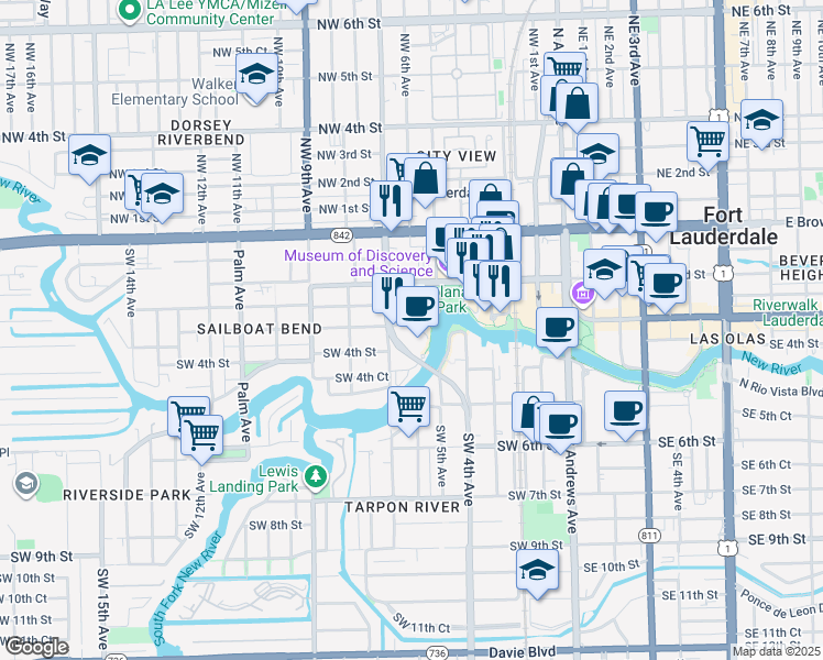 map of restaurants, bars, coffee shops, grocery stores, and more near 201 Southwest 5th Avenue in Fort Lauderdale