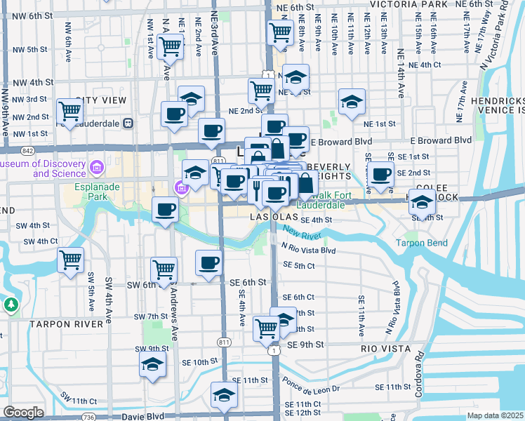 map of restaurants, bars, coffee shops, grocery stores, and more near 590 East Las Olas Boulevard in Fort Lauderdale