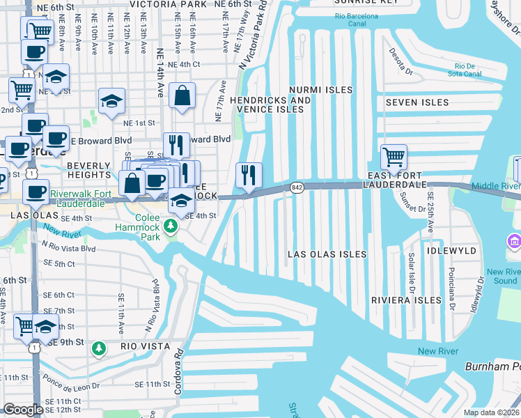 map of restaurants, bars, coffee shops, grocery stores, and more near 1770 East Las Olas Boulevard in Fort Lauderdale